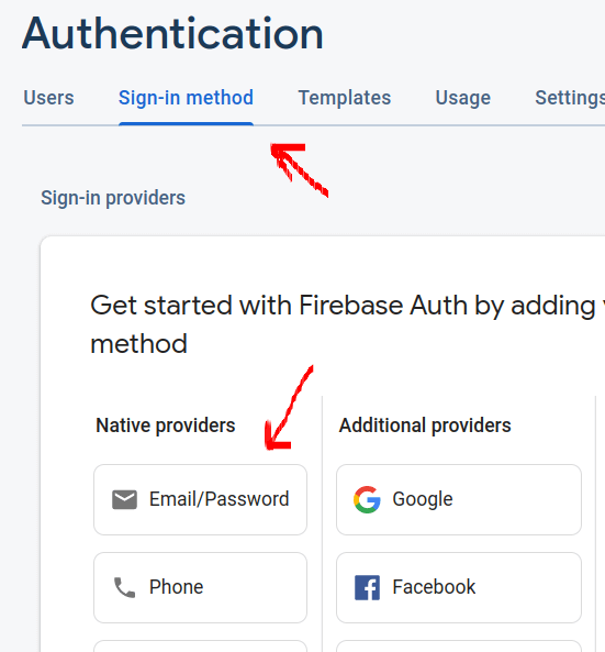 Choose sign in method in the Firebase authentication service
