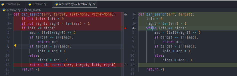 
Comparing side by side iterative and recursive approach to binary search a screenshot taken from my vscode code editor

