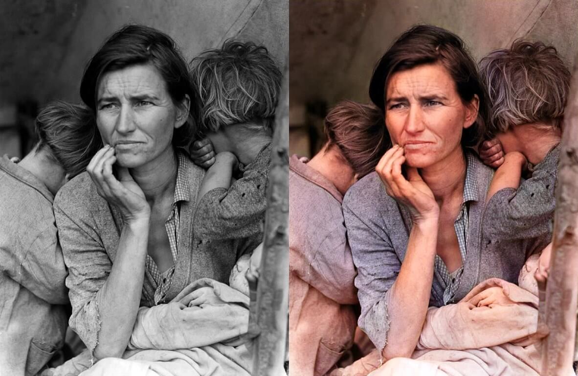 Migrant Mother  (1936) decolorized by deoldify