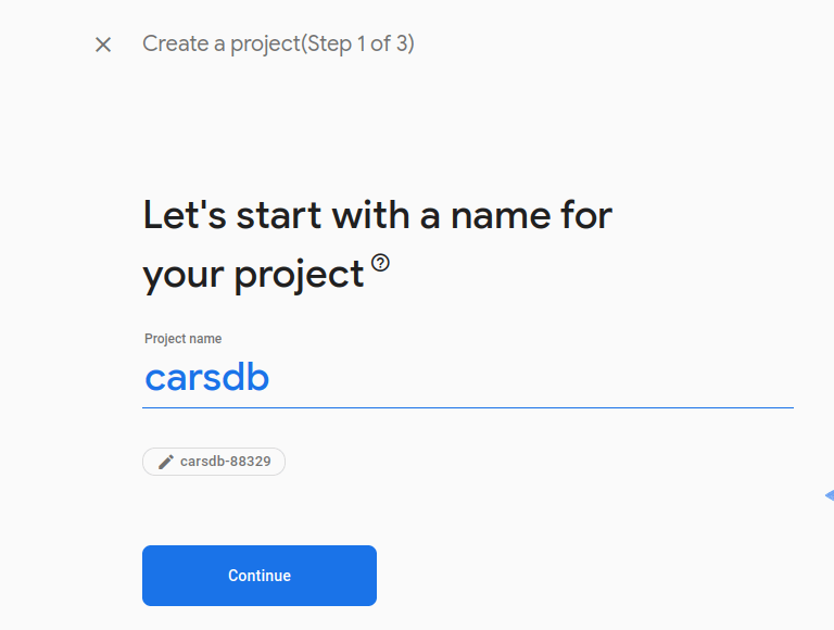 the name of the new project in the firebase console