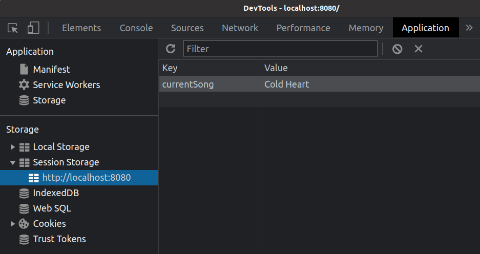 session storage log as seen inside chrome developer tools