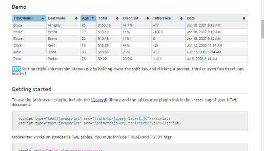 tablesorter javascript library