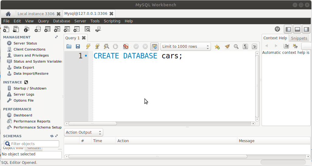 CREATE DATABASE command with mySQL inside workbench UI
